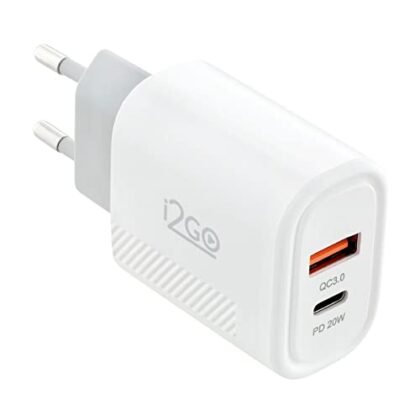 Aqui estão algumas opções de texto ALT, variando em detalhe: **Opção 1 (Mais Simples):** `Carregador Rápido de Parede Branco I2GO PRO com duas saídas USB (USB-C e USB-A).` **Opção 2 (Um pouco mais detalhada):** `Imagem de um Carregador Rápido de Parede I2GO PRO na cor branca. Possui uma porta USB-C Power Delivery de 20W e uma porta USB-A de 18W.` **Opção 3 (Focada na funcionalidade):** `Carregador Rápido I2GO PRO branco. Ideal para carregar dispositivos compatíveis com Power Delivery via USB-C e outros dispositivos via USB-A.` **Qual escolher?** A escolha depende do contexto da imagem e do que você quer enfatizar. * Se a página já possui muita informação sobre as especificações, a opção 1 é suficiente. * Se a imagem é a principal forma de apresentar o produto, a opção 2 ou 3 são melhores. Em geral, a **opção 2** oferece um bom equilíbrio entre detalhe e concisão.