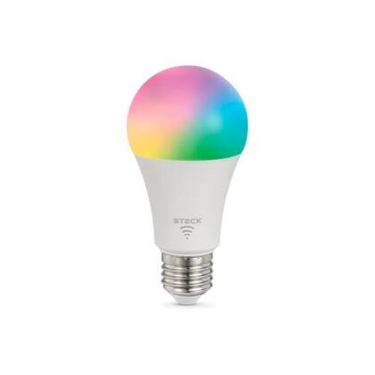 Aqui estão algumas opções de texto ALT, com diferentes focos: **Opção 1 (Simples e direta):** `Lâmpada Inteligente Wi-Fi da Steck, 12W, RGBW.` **Opção 2 (Destacando a funcionalidade):** `Lâmpada Inteligente Wi-Fi, controlável por aplicativo, com cores RGBW e 12W.` **Opção 3 (Focando na marca e tipo):** `Lâmpada Inteligente Wi-Fi da marca Steck, modelo RGBW e bivolt.` **Opção 4 (Mais descritiva, se a imagem mostrar detalhes):** `Lâmpada Inteligente Wi-Fi acesa, mostrando sua capacidade de emitir cores RGBW. Marca Steck.` **Qual escolher?** A melhor opção depende do contexto da imagem e do que você quer enfatizar. Se a imagem mostrar a lâmpada acesa em uma cor específica, a Opção 4 pode ser a melhor. Se você quer ser breve e direto, a Opção 1 é suficiente. Se a imagem é usada em um catálogo ou listagem de produtos, a Opção 2 ou 3 são boas escolhas.