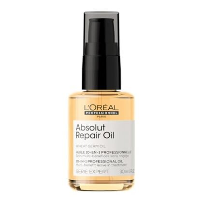 Aqui estão algumas opções de texto ALT para a imagem, com diferentes níveis de detalhe: **Opção 1 (Mais Simples):** `Absolut Repair 10-in-1: Óleo multi-benefícios para cabelos danificados L'Oréal Professionnel.` **Opção 2 (Um pouco mais descritiva):** `Frasco do óleo Absolut Repair 10-in-1 da L'Oréal Professionnel, um tratamento para cabelos secos e danificados que repara e proporciona brilho.` **Opção 3 (Mais detalhada, ideal se a imagem mostrar o produto em uso ou com outros elementos):** `Imagem do óleo capilar Absolut Repair 10-in-1 da L'Oréal Professionnel, formulado com Gold Quinoa e Proteínas para reparar, dar brilho e proteger cabelos secos e danificados. Frasco de 30ml.` **Recomendação:** Escolha a opção que melhor se adapta ao contexto da imagem e ao seu público-alvo. Se a imagem for pequena e o texto ao redor já fornecer muitas informações, a opção mais simples pode ser suficiente. Se a imagem for o principal meio de apresentar o produto, a opção mais detalhada pode ser melhor.