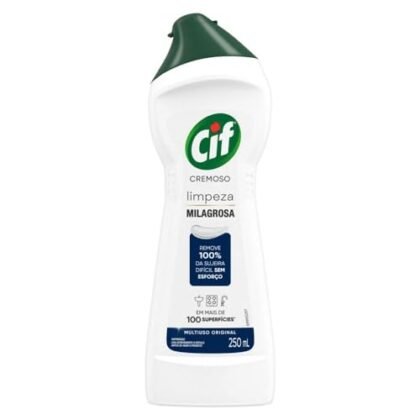 Aqui estão algumas opções de texto ALT para a imagem, focando em diferentes aspectos do produto e usando "Cif Cremoso": **Opção 1 (Descritiva):** "Cif Cremoso Original. Embalagem de 250 ml. Produto de limpeza para casa que promete remover 100% da sujeira difícil sem esforço." **Opção 2 (Focada no uso):** "Cif Cremoso: a solução para uma limpeza milagrosa na sua casa. Remove sujeiras difíceis sem precisar esfregar." **Opção 3 (Mais curta e direta):** "Cif Cremoso 250 ml: Limpeza Milagrosa para sua casa." **Opção 4 (Enfatizando o poder de limpeza):** "Diga adeus à sujeira difícil com Cif Cremoso! Remove 100% da sujeira sem esforço." **Qual escolher?** A melhor opção depende do contexto da imagem e da página onde ela está sendo usada. Se a imagem está destacando a embalagem, a Opção 1 é boa. Se o foco é a facilidade de uso e o resultado, a Opção 2 ou 4 são melhores. Se você precisa de algo conciso, a Opção 3 é ideal.