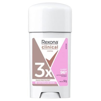 Aqui estão algumas opções de texto alternativo (ALT) para a imagem, usando "Rexona Clinical", variando em nível de detalhe: **Opção 1 (Mais simples):** > Rexona Clinical Antitranspirante. **Opção 2 (Um pouco mais descritiva):** > Rexona Clinical Antitranspirante Creme Classic. **Opção 3 (Com foco no tipo de produto):** > Imagem de um antitranspirante Rexona Clinical Creme Classic 58G. **Opção 4 (Visando acessibilidade para quem usa leitores de tela):** > Embalagem do Rexona Clinical Antitranspirante Creme Classic, 58 gramas. Produto para controle de transpiração excessiva.