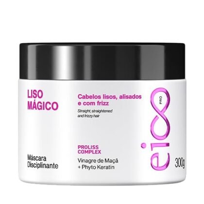 Aqui estão algumas opções de texto ALT para a imagem, utilizando "Liso Mágico", com diferentes níveis de detalhe: **Opção 1 (Mais concisa):** `Liso Mágico EICO PRO: Máscara para um cabelo liso perfeito.` **Opção 2 (Um pouco mais descritiva):** `Máscara Capilar Liso Mágico EICO PRO, pote de 300g. Cabelos mais lisos e sem frizz.` **Opção 3 (Focando no benefício):** `EICO PRO Máscara Liso Mágico: Conquiste o liso dos sonhos com este tratamento de 300g.` **Opção 4 (Incluindo a marca):** `Máscara de Tratamento Capilar Liso Mágico da EICO PRO, embalagem de 300g.` **Recomendação:** A melhor opção depende do contexto da imagem. Se a imagem for autoexplicativa e o objetivo for apenas acessibilidade, a opção 1 ou 2 são suficientes. Se você quiser enfatizar a marca ou o benefício principal, a opção 3 ou 4 são mais adequadas. Lembre-se de que o texto ALT deve ser breve, descritivo e relevante para a imagem. Ele serve para ajudar pessoas com deficiência visual a entender o conteúdo da imagem e também para melhorar a otimização para mecanismos de busca (SEO).