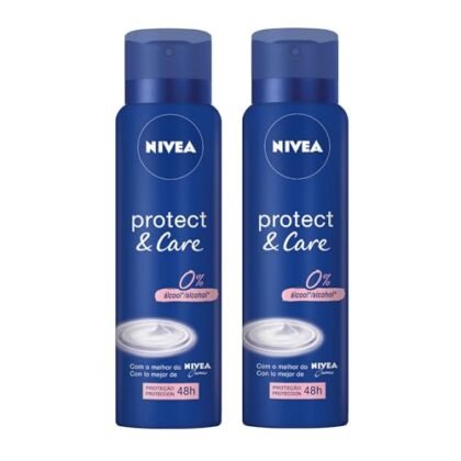 Aqui estão algumas opções de texto ALT para a imagem, usando "NIVEA Protect&Care", com diferentes níveis de detalhe: * **Opção 1 (Curta e direta):** NIVEA Protect&Care: Kit com dois desodorantes aerossol. * **Opção 2 (Um pouco mais descritiva):** Kit de desodorantes aerossol NIVEA Protect&Care, embalagem com 2 unidades. * **Opção 3 (Mais completa, se necessário contexto):** Imagem do kit NIVEA Protect&Care, contendo dois desodorantes aerossol de 150ml cada. A melhor opção dependerá do contexto da imagem e do que você quer enfatizar. Se a imagem for parte de um anúncio, a opção mais curta pode ser suficiente. Se a imagem for mais informativa, a opção mais descritiva pode ser melhor.