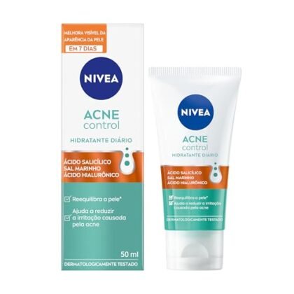 Aqui estão algumas opções de texto ALT, variando em detalhe, usando "NIVEA Acne Control": **Opção 1 (Curta e direta):** `NIVEA Acne Control: Hidratante facial para controle da acne.` **Opção 2 (Um pouco mais descritiva):** `NIVEA Acne Control: Hidratante facial que ajuda a combater bactérias da acne.` **Opção 3 (Focando no nome do produto):** `NIVEA Acne Control: Embalagem do hidratante facial de 50g.` **Opção 4 (Se a imagem mostrar a embalagem e o produto):** `NIVEA Acne Control: Hidratante facial em embalagem de 50g.` **Qual escolher?** * Se a imagem for apenas da embalagem, a **Opção 3** ou **Opção 4** são boas. * Se a imagem mostrar o produto em uso, a **Opção 2** pode ser melhor. * Se o contexto já deixar claro que é um produto para acne, a **Opção 1** é suficiente. Lembre-se: o texto ALT deve ser conciso e descrever o que *está* na imagem, não necessariamente *tudo* que o produto faz.