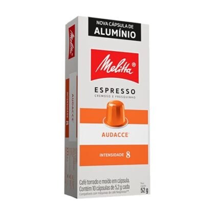 Aqui estão algumas opções de texto ALT, variando em nível de detalhe e foco: **Opção 1 (Simples):** `Melitta Audacce: Cápsula de café compatível com Nespresso, intensidade 8.` **Opção 2 (Descrevendo mais):** `Cápsula Melitta Audacce, intensidade 8, para máquinas Nespresso. Café encorpado e intenso.` **Opção 3 (Focada na marca e compatibilidade):** `Cápsula de café Melitta Audacce, uma opção saborosa e intensa (intensidade 8) para sua máquina Nespresso.` **Opção 4 (Pensando na acessibilidade):** `Cápsula de café Melitta Audacce, descrita como intensidade 8 e compatível com máquinas Nespresso. Para quem busca um café forte e prático.` **Qual escolher?** * Se você precisa ser breve e o contexto da imagem já deixa claro o produto, a **Opção 1** é suficiente. * Se quer dar um pouco mais de informação sobre o sabor ou uso, a **Opção 2** é uma boa escolha. * Se o objetivo é reforçar a marca Melitta e a compatibilidade, a **Opção 3** funciona bem. * Se a acessibilidade é uma prioridade, a **Opção 4** é a melhor, pois descreve o que a imagem comunica de forma mais clara. Lembre-se: o texto ALT ideal depende do contexto em que a imagem está sendo utilizada. Pense no que o usuário precisa saber ao ver a imagem e escolha a opção que melhor atende a essa necessidade.