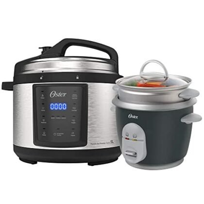 Aqui estão algumas opções de texto ALT para a imagem, usando "Kit Oster", com diferentes níveis de detalhe: **Opção 1 (Mais curta e genérica):** `Kit Oster com panela de pressão e panela elétrica de arroz.` **Opção 2 (Um pouco mais descritiva):** `Kit Oster: Panela de pressão e panela elétrica de arroz para facilitar o preparo de suas refeições, ambas 127V.` **Opção 3 (Focada nos benefícios):** `Kit Oster com panela de pressão e panela elétrica de arroz, a solução completa para uma cozinha prática e moderna. 127V.` **Opção 4 (Caso a imagem mostre o visual dos produtos):** `Kit Oster: Detalhe da panela de pressão e da panela elétrica de arroz, ambos produtos modernos e elegantes para sua cozinha. 127V.` **Qual escolher?** * Se o contexto da imagem já indica que são produtos de cozinha, a opção 1 é suficiente. * Se você quer fornecer mais contexto e destacar os produtos, a opção 2 ou 3 são melhores. * Se a imagem foca no design dos produtos, a opção 4 pode ser mais adequada. **Dica:** Considere o contexto da página e o público-alvo para escolher a melhor opção. O objetivo do texto ALT é descrever a imagem para pessoas que não podem vê-la, então seja claro e conciso.