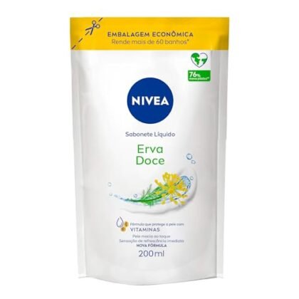 Aqui estão algumas opções de texto ALT para a imagem, usando "NIVEA Erva Doce", variando em nível de detalhe: * **Curto e direto:** NIVEA Erva Doce * **Um pouco mais descritivo:** Refil de Sabonete Líquido NIVEA Erva Doce * **Mais detalhado (incorporando benefícios):** Refil Sabonete Líquido NIVEA Erva Doce para pele macia e hidratada. A escolha dependerá do contexto da imagem e da importância de destacar os benefícios. Se a imagem for parte de um anúncio ou página de produto, a opção mais detalhada pode ser melhor. Se for apenas uma imagem ilustrativa, a opção mais curta pode ser suficiente.
