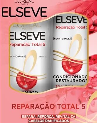 Aqui estão algumas opções de texto ALT para a imagem, utilizando "Reparação Total", com diferentes níveis de detalhe: * **Opção 1 (Curta e direta):** Kit L'Oréal Elseve Reparação Total. * **Opção 2 (Um pouco mais descritiva):** Shampoo e condicionador L'Oréal Paris Elseve Reparação Total 5. * **Opção 3 (Mais completa, se houver espaço):** Kit L'Oréal Paris Elseve Reparação Total 5: Shampoo e condicionador para cabelos danificados. A melhor opção dependerá do contexto em que a imagem está sendo usada e da importância de fornecer mais informações. **Dica:** Se você puder ver a imagem, adicionar detalhes visuais específicos (como a cor da embalagem ou um destaque em um dos produtos) pode enriquecer ainda mais o texto ALT. Por exemplo: "Kit L'Oréal Elseve Reparação Total 5 com embalagens brancas e detalhes em roxo".