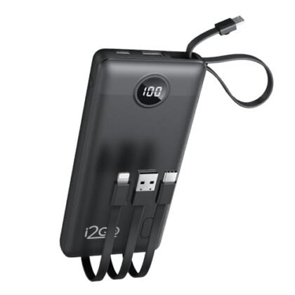 Aqui estão algumas opções de texto ALT, variando em nível de detalhe: **Opção 1 (Simples e direta):** `Power Bank 4 em 1 da i2GO PRO, 10000mAh, preto.` **Opção 2 (Adicionando informações sobre cabos):** `Power Bank 4 em 1 com cabos Micro USB, USB-C, Lightning e USB-A integrados, i2GO PRO.` **Opção 3 (Mais descritiva):** `Carregador portátil Power Bank 4 em 1 da i2GO PRO, com capacidade de 10000mAh e cabos acoplados: Micro USB, USB-C, Lightning e USB-A. Cor preta.` **Opção 4 (Focando na conveniência):** `Power Bank 4 em 1 i2GO PRO: Solução completa para carregar seus dispositivos, com cabos integrados e alta capacidade de 10000mAh.` **Qual escolher?** * Se o contexto da imagem já deixa claro que é um carregador portátil, a **Opção 1** ou **Opção 2** podem ser suficientes. * Se você quer garantir que todos os detalhes importantes sejam capturados, a **Opção 3** é a melhor escolha. * Se você quer destacar a funcionalidade e facilidade de uso, a **Opção 4** pode ser mais atraente. A melhor escolha depende do contexto e do que você quer enfatizar. O mais importante é que o texto seja preciso e ajude o usuário a entender o que está na imagem, caso ela não possa ser visualizada.