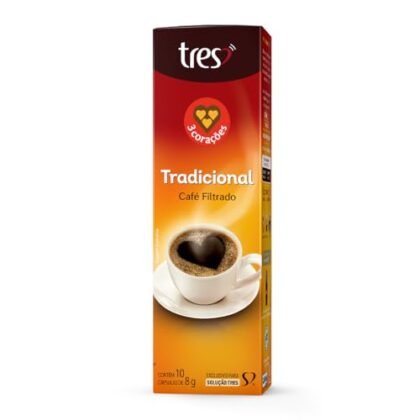Aqui estão algumas opções de texto ALT para a imagem, utilizando "Café Filtrado Cápsula", com diferentes níveis de detalhe: * **Opção 1 (Simples):** Café Filtrado Cápsula da marca 3 Corações. * **Opção 2 (Um pouco mais detalhada):** Embalagem de Café Filtrado Cápsula TRES da 3 Corações, contendo 10 unidades. * **Opção 3 (Focada na experiência):** Café Filtrado Cápsula para um café fresquinho e saboroso, da marca 3 Corações TRES. A melhor opção dependerá do contexto da sua página e do que você quer enfatizar. Se você precisa ser breve, a opção 1 é ideal. Se você quer dar mais informações, a opção 2 ou 3 são melhores.