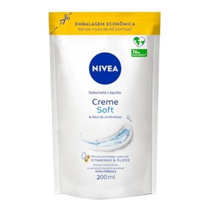 Aqui estão algumas opções de texto ALT para a imagem, usando "NIVEA Creme Soft", com diferentes níveis de detalhe: **Opção 1 (Mais simples e direta):** `NIVEA Creme Soft: Sabonete líquido refil para uma pele macia.` **Opção 2 (Um pouco mais descritiva):** `Refil de Sabonete Líquido NIVEA Creme Soft 200ml: Fórmula com óleo natural para equilíbrio do pH e maciez prolongada.` **Opção 3 (Enfatizando os benefícios):** `NIVEA Creme Soft: Sabonete líquido que cuida da sua pele com óleo natural, deixando-a macia e equilibrada.` **Opção 4 (Focando no nome do produto):** `NIVEA Creme Soft: A escolha ideal para um sabonete líquido suave e hidratante.` **Qual escolher?** A melhor opção depende do contexto em que a imagem está sendo usada. Se o foco é simplesmente identificar o produto, a opção 1 é suficiente. Se você quer destacar os benefícios ou o tipo de produto, as opções 2 e 3 são melhores. Se você quer apenas enfatizar a marca e o nome do produto, a opção 4 é uma boa escolha. Em geral, a **opção 2** é uma boa escolha por ser equilibrada, descrevendo o produto e seus principais benefícios sem ser excessivamente longa.