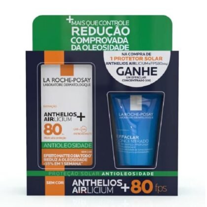 Aqui estão algumas opções de texto ALT para a imagem, considerando o título do produto e a sua solicitação de usar "La Roche-Posay Antiacne": **Opções curtas e diretas:** * La Roche-Posay Antiacne: Kit Protetor Solar e Gel de Limpeza. * Kit La Roche-Posay Antiacne: FPS 80 e Gel Concentrado. **Opções mais descritivas:** * La Roche-Posay Antiacne: Kit com Protetor Solar Facial Anthelios Airlicium FPS 80 e Effaclar Gel Concentrado para Limpeza. * Imagem do Kit La Roche-Posay Antiacne, contendo protetor solar facial e gel de limpeza para pele oleosa. **Opção focada na marca:** * La Roche-Posay Antiacne: Produtos para cuidados com a pele, incluindo protetor solar e gel de limpeza Effaclar. **Escolha a opção que melhor se adequa ao contexto da sua página.** Se você precisa de um texto ALT que seja mais informativo para SEO, a opção mais descritiva pode ser melhor. Se você precisa de algo curto e direto, as primeiras opções são ideais.