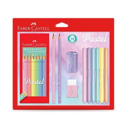 Aqui estão algumas opções de texto ALT para a imagem, com foco em diferentes aspectos: **Opção 1 (Simples e direta):** `Kit Tons Pastel Faber-Castell com lápis de cor, canetinhas, borracha, apontador e grafite.` **Opção 2 (Mais detalhada):** `Kit de desenho Faber-Castell Tons Pastel: 20 peças, incluindo lápis de cor, canetinhas hidrográficas, borracha, apontador e grafite.` **Opção 3 (Focando na cor):** `Kit de materiais de arte Faber-Castell com tons pastel suaves, ideal para desenho e colorir.` **Opção 4 (Com foco na marca):** `Produto Faber-Castell: Kit Tons Pastel completo para artistas e estudantes.` **Qual escolher?** * Se o foco principal é identificar o produto, a **Opção 1** é suficiente. * Se você quer dar mais detalhes sobre o conteúdo do kit, a **Opção 2** é melhor. * Se o destaque é a paleta de cores, a **Opção 3** é uma boa escolha. * Se a marca Faber-Castell é importante, a **Opção 4** funciona bem. Escolha a opção que melhor se alinha com o contexto da imagem e o que você quer comunicar aos usuários. Em geral, a **Opção 2** é uma boa escolha, pois oferece um bom equilíbrio entre descrição e detalhes.