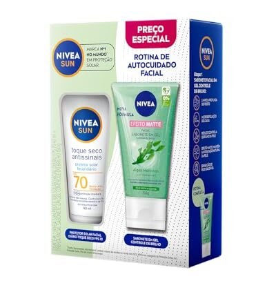 Aqui estão algumas opções de texto ALT para a imagem, utilizando "NIVEA Facial Antioleosidade", com diferentes focos: **Opção 1 (Descritiva e direta):** `NIVEA Facial Antioleosidade: Kit com protetor solar FPS70 para pele seca e gel de limpeza refrescante para controle do brilho.` **Opção 2 (Com foco nos benefícios):** `NIVEA Facial Antioleosidade: Proteção solar e limpeza facial em um só kit, ideal para controlar a oleosidade e o brilho da pele.` **Opção 3 (Mais detalhada):** `NIVEA Facial Antioleosidade: Kit com Protetor Solar Facial Toque Seco FPS70 40ml e Gel de Limpeza Refrescante Controle de Brilho 150g. Solução completa para pele oleosa.` **Opção 4 (Foco na marca):** `NIVEA Facial Antioleosidade: Produtos NIVEA para uma rotina completa de cuidados com a pele oleosa: protetor solar e gel de limpeza.` **Qual escolher?** A melhor opção depende do contexto da imagem. Se a imagem é pequena e precisa ser bem descritiva, a opção 1 ou 3 são boas escolhas. Se o foco é destacar os benefícios, a opção 2 é melhor. Se o objetivo é reforçar a marca, a opção 4 funciona bem. Lembre-se que o texto ALT deve ser conciso e relevante para o conteúdo da imagem.