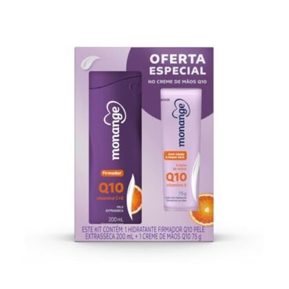 Aqui estão algumas opções de texto ALT para a imagem, considerando diferentes focos: **Opção 1 (Simples e direta):** `Monange Q10: Kit Hidratante 200ml e Creme de Mãos 75g` **Opção 2 (Destacando o Q10):** `Kit Monange Q10: Hidratação para o corpo e mãos com Q10` **Opção 3 (Descrevendo os produtos):** `Kit Monange Q10 com loção hidratante de 200ml e creme para mãos de 75g.` **Opção 4 (Foco na hidratação):** `Kit de hidratação Monange Q10: Loção hidratante e creme para mãos para pele macia.` **Qual escolher?** * Se o objetivo principal é apenas identificar o produto, a **Opção 1** é suficiente. * Se você quer enfatizar o ingrediente ativo (Q10), a **Opção 2** é ideal. * A **Opção 3** descreve mais detalhadamente o conteúdo do kit. * A **Opção 4** foca nos benefícios da hidratação. A escolha ideal depende do contexto da imagem e do que você quer destacar. **Recomendação:** Eu pessoalmente prefiro a **Opção 2** ou a **Opção 3**, pois elas fornecem mais informações relevantes para quem não consegue ver a imagem.