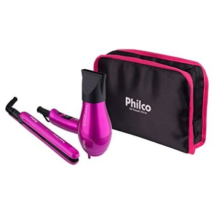 Aqui estão algumas opções de texto ALT para a imagem, com foco em diferentes aspectos: **Opção 1 (Descritiva e direta):** `Travel Shine Philco: Kit de viagem bivolt para cuidados com o cabelo.` **Opção 2 (Com ênfase na portabilidade):** `Travel Shine Philco: Kit compacto bivolt ideal para levar na mala em suas viagens.` **Opção 3 (Com foco na marca e funcionalidade):** `Travel Shine Philco: Chapinha e secador bivolt da Philco, perfeitos para manter seu cabelo impecável em qualquer lugar.` **Opção 4 (Mais curta e direta):** `Travel Shine Philco: Kit de cabelo bivolt para viagem.` **Qual escolher?** A escolha depende do contexto da página. Se você já mencionou a marca e a funcionalidade em outro lugar, a opção mais curta pode ser suficiente. Se você quer reforçar a marca e a utilidade, as opções mais longas são melhores. **Recomendação:** A **Opção 2** parece ser a mais completa, pois destaca a portabilidade, que é uma característica importante para um produto de viagem.