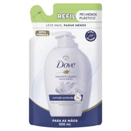 Aqui estão algumas opções de texto ALT para a imagem, focando em "Dove Nutrição Profunda": * **Opção 1 (Simples e direta):** Dove Nutrição Profunda: Refil de sabonete líquido para mãos. * **Opção 2 (Descrevendo o produto):** Sabonete líquido para mãos Dove Nutrição Profunda, em refil de 500ml. * **Opção 3 (Destacando o benefício):** Dove Nutrição Profunda para mãos macias e hidratadas. Refil econômico de 500ml. * **Opção 4 (Foco na marca e linha):** Dove Nutrição Profunda: Imagem do refil de sabonete líquido da linha Dove. A melhor escolha dependerá do contexto da imagem e do que você deseja enfatizar. Se o foco é o tamanho do refil, inclua essa informação. Se o foco é o benefício, destaque a nutrição.
