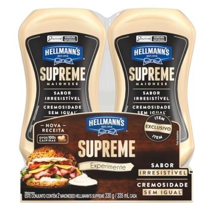 Aqui estão algumas opções de texto ALT para a imagem, utilizando "Hellmann's Supreme", com diferentes níveis de detalhe: **Opção 1 (Mais simples):** `Hellmann's Supreme em embalagem squeeze.` **Opção 2 (Um pouco mais descritiva):** `Pack com duas unidades de Maionese Hellmann's Supreme Squeeze, embalagem de 330g.` **Opção 3 (Com foco na embalagem):** `Duas embalagens squeeze de Hellmann's Supreme, prontas para uso e fáceis de dosar.` **Opção 4 (Incluindo a variação da embalagem):** `Pack de duas Hellmann's Supreme Squeeze (330g cada). A embalagem do produto pode variar.` **Justificativa para a escolha:** A melhor opção dependerá do contexto da imagem e do quão detalhado você precisa ser. * A opção mais simples é boa se a imagem é apenas para fins ilustrativos. * As opções mais descritivas são melhores se você precisa dar mais informações sobre o produto, especialmente em um contexto de e-commerce. * A opção que menciona a variação da embalagem é importante se essa informação for relevante para o usuário. **Recomendação:** Eu recomendaria a **Opção 2** ou **Opção 4**, pois fornecem um bom equilíbrio entre descrição e concisão. A Opção 4 é especialmente útil se a embalagem do produto costuma mudar.