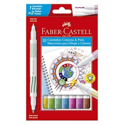 Aqui estão algumas opções de texto ALT, variando em descrição e foco: * **Opção 1 (Simples):** Canetinha Ponta Dupla Faber-Castell com 10 cores vibrantes. * **Opção 2 (Mais Descritiva):** Canetinha Ponta Dupla Contorna & Pinta Faber-Castell, modelo 15.0110DUO, exibindo suas 10 cores diferentes. * **Opção 3 (Foco na funcionalidade):** Canetinha Ponta Dupla para contornar e pintar, ideal para trabalhos artísticos e escolares. * **Opção 4 (Para um público específico):** Canetinha Ponta Dupla Faber-Castell, perfeita para lettering, desenhos e colorir.