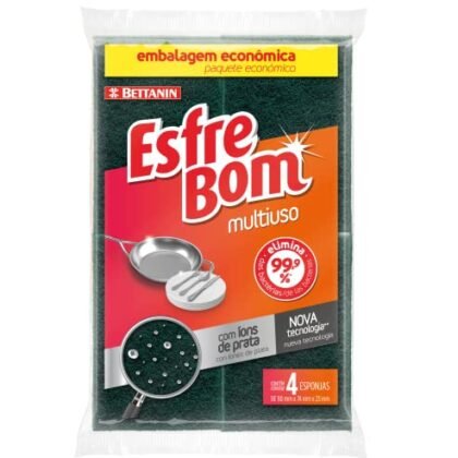 Aqui estão algumas opções de texto ALT para a imagem, usando "Esponja Abrasiva Antiviral", com diferentes níveis de detalhe: **Opção 1 (Mais concisa):** * Esponja Abrasiva Antiviral **Opção 2 (Um pouco mais descritiva):** * Esponja Abrasiva Antiviral para limpeza doméstica. **Opção 3 (Incluindo a marca):** * Esponja Abrasiva Antiviral EsfreBom, da Bettanin. **Opção 4 (Se a imagem mostrar as unidades):** * Embalagem com quatro unidades de Esponja Abrasiva Antiviral. **A escolha do melhor texto ALT depende do contexto da imagem e da página:** * Se a imagem é apenas da esponja em si, a Opção 1 ou 2 podem ser suficientes. * Se a imagem faz parte de uma página de produto, a Opção 3 ou 4 podem ser melhores. * Se a imagem destacar a embalagem com múltiplas unidades, a Opção 4 é a mais adequada. **Importante:** O texto ALT deve ser relevante para a imagem e ajudar os usuários com deficiência visual a entender o que está sendo mostrado.