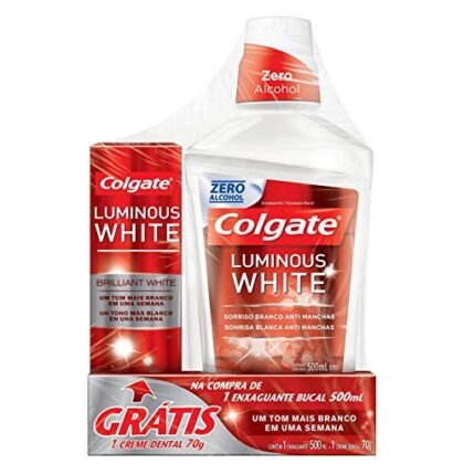Aqui estão algumas opções de texto alternativo (alt text) para a imagem, focando em diferentes aspectos do produto e adequadas para diferentes contextos: **Opções mais simples e diretas:** * "Colgate Luminous White, enxaguante bucal clareador e creme dental." * "Colgate Luminous White: Enxaguante bucal 500ml e creme dental." * "Promoção Colgate Luminous White: Enxaguante bucal clareador + creme dental." **Opção mais descritiva (melhor para acessibilidade):** * "Embalagens promocionais de Colgate Luminous White. À esquerda, um frasco de 500ml de enxaguante bucal clareador. À direita, um tubo de creme dental Colgate Luminous White." **Opção focada no benefício:** * "Colgate Luminous White: Conquiste um sorriso mais branco com enxaguante e creme dental." **Dicas para escolher o melhor texto alternativo:** * **Contexto:** Onde a imagem está sendo usada? Em uma página de produto? Em um anúncio? Isso influenciará qual informação é mais importante. * **Palavras-chave:** Incluir palavras-chave relevantes (como "Colgate Luminous White", "clareamento", "enxaguante bucal", "creme dental") ajudará na otimização para mecanismos de busca (SEO). * **Brevidade:** Mantenha o texto curto e conciso. O objetivo é descrever a imagem de forma clara e rápida. A escolha final dependerá do seu objetivo e do contexto em que a imagem está sendo utilizada.