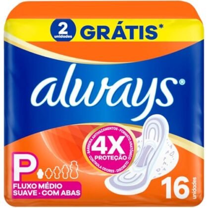 Aqui estão algumas opções de texto ALT para a imagem do produto "Absorvente Always Super Proteção Suave - 16 unidades", utilizando "Always Proteção Suave": **Opções concisas:** * Always Proteção Suave * Absorvente Always Proteção Suave * Always Proteção Suave, 16 unidades **Opções um pouco mais descritivas:** * Absorventes Always Proteção Suave para proteção suave e eficaz. * Embalagem de Absorventes Always Proteção Suave com 16 unidades. * Always Proteção Suave: Conforto e segurança durante o ciclo menstrual. A escolha da melhor opção dependerá do contexto onde a imagem será utilizada. Em geral, uma opção concisa é suficiente. Se houver espaço para mais detalhes, as opções mais descritivas podem ser úteis.