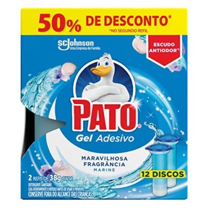 Aqui estão algumas opções de texto ALT para a imagem, utilizando "Pato Gel Adesivo", com diferentes níveis de detalhe: **Opção 1 (Simples e direta):** `Pato Gel Adesivo para vaso sanitário, fragrância Marine.` **Opção 2 (Um pouco mais descritiva):** `Refis de Pato Gel Adesivo Marine para uma limpeza e perfume duradouros no vaso sanitário.` **Opção 3 (Enfatizando os benefícios):** `Pato Gel Adesivo: mantenha seu vaso sanitário limpo, perfumado e com um toque de frescor marinho.` **Opção 4 (Mais detalhada, se a imagem mostrar os discos):** `Dois refis de Pato Gel Adesivo Marine com 12 discos cada para aplicação no vaso sanitário. Garante limpeza e um agradável perfume.` **Qual opção escolher?** A melhor opção depende do contexto da imagem e do que você quer destacar. Se a imagem é pequena e o foco é apenas o produto, a opção 1 ou 2 são suficientes. Se a imagem mostra os discos e os benefícios do produto são importantes, a opção 3 ou 4 são melhores. **Dica:** Lembre-se que o texto ALT deve ser conciso e descrever o que está na imagem de forma clara e objetiva. O objetivo é tornar a imagem acessível para pessoas com deficiência visual e para os mecanismos de busca.