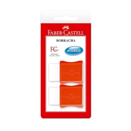 Aqui estão algumas opções de texto ALT para a imagem, levando em consideração a descrição do produto e a solicitação: **Opção 1 (Mais concisa):** `Borracha Faber-Castell branca, modelo FC Max com capa plástica.` **Opção 2 (Um pouco mais descritiva):** `Borracha Faber-Castell FC Max, branca, com capa protetora plástica. Pacote com duas unidades.` **Opção 3 (Enfatizando a marca e o tipo):** `Borracha Faber-Castell: borracha branca pequena com capa plástica.` **Qual escolher?** A melhor opção depende do contexto. Se o site já tem muita informação sobre o produto na página, a opção mais concisa (Opção 1) pode ser suficiente. Se o usuário precisa de mais detalhes só pela imagem, a Opção 2 ou 3 podem ser melhores.