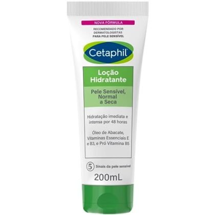 **Opções de texto ALT:** * **Hidratação Cetaphil: Loção Hidratante Cetaphil 200ml.** (Mais descritivo) * **Hidratação Cetaphil: Loção para o corpo.** (Mais genérico, bom se a imagem foca na textura) * **Hidratação Cetaphil: Cetaphil Loção Hidratante.** (Curto e direto) A melhor opção depende do foco da imagem. Se a embalagem é bem visível, a primeira opção é a melhor. Se a imagem foca na textura da loção, a segunda opção pode ser melhor.