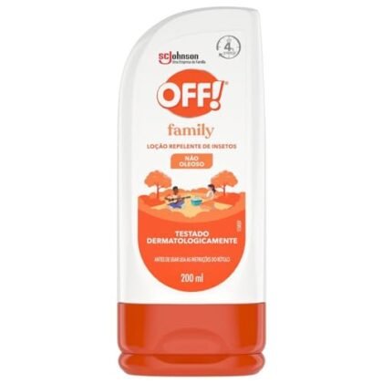 **Opções de texto ALT:** * **Repelente OFF Family: Nova embalagem para proteção contra mosquitos e insetos por até 4 horas.** (Mais direto e focado na função) * **Repelente OFF Family, embalagem atualizada de 200ml para toda a família.** (Mais abrangente, incluindo volume e público) * **Imagem do repelente OFF Family, ideal para proteger contra picadas de insetos.** (Mais genérico, mas ainda relevante) A escolha depende do contexto da página. Se a página foca nos benefícios, a primeira opção é melhor. Se foca na embalagem, a segunda. Se é uma descrição genérica de produtos, a terceira pode ser suficiente.