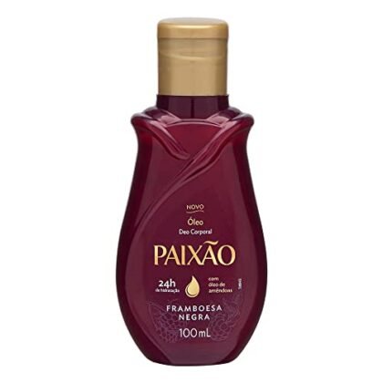 Aqui estão algumas opções de texto ALT, variando em detalhe e foco: * **Paixão Framboesa:** Óleo corporal Framboesa Negra, 100ml. * **Paixão Framboesa:** Frasco de óleo corporal Framboesa Negra da Paixão. * **Paixão Framboesa:** Óleo corporal desodorante Paixão Framboesa Negra, embalagem de 100ml. * **Paixão Framboesa:** Imagem do óleo corporal Paixão Framboesa Negra, um produto para cuidados com a pele com ação desodorante.