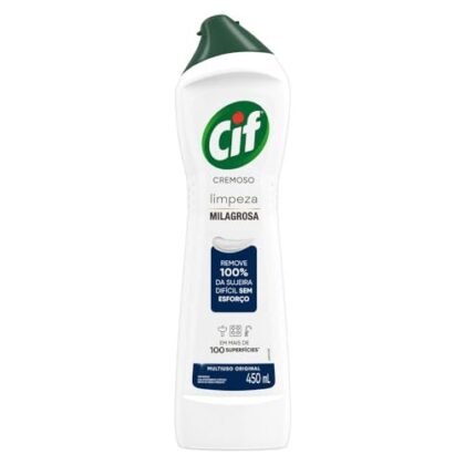 Aqui estão algumas opções de texto ALT para a imagem, considerando o título do produto e focando em diferentes aspectos: **Opção 1 (Foco na marca e promessa):** `Cif Cremoso, limpeza milagrosa que remove 100% da sujeira.` **Opção 2 (Foco no produto e seu tipo):** `Cif Cremoso, limpador multiuso cremoso para limpeza profunda.` **Opção 3 (Foco na embalagem):** `Embalagem de 450ml do Cif Cremoso, limpador para uma limpeza milagrosa.` **Opção 4 (Mais descritiva - útil se a imagem mostra o produto em uso):** `Cif Cremoso sendo usado para limpar sujeira difícil, demonstrando seu poder de limpeza.` **Opção 5 (Simples e direta):** `Cif Cremoso 450ml.` **Qual opção escolher?** * Se a imagem mostra o produto sozinho, sem contexto, as opções 1, 2, 3 ou 5 são boas. * Se a imagem mostra o produto em uso, a opção 4 é mais apropriada. Lembre-se: o texto ALT deve ser conciso e descrever o que está na imagem de forma útil para quem não pode vê-la.