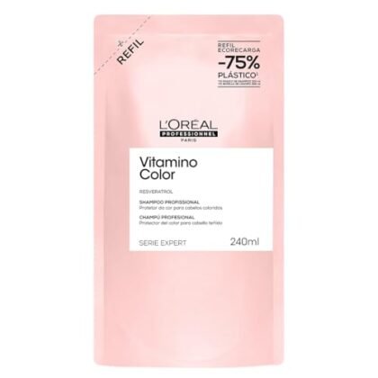 Aqui estão algumas opções de texto ALT para a imagem, levando em consideração diferentes níveis de detalhe e otimização para SEO: **Opção 1 (Simples e direta):** `Shampoo Vitamino Color para cabelos coloridos.` **Opção 2 (Um pouco mais descritiva):** `Shampoo Vitamino Color L'Oréal Professionnel para proteção da cor em cabelos tingidos.` **Opção 3 (Mais detalhada e com foco em SEO):** `Refil de Shampoo Vitamino Color L'Oréal Professionnel Serie Expert para cabelos coloridos, com Resveratrol.` **Opção 4 (Enfatizando o problema que resolve):** `Shampoo Vitamino Color para prolongar a vivacidade da cor e proteger cabelos tingidos.` **Recomendação:** A opção **3** é a que oferece mais informações relevantes e utiliza palavras-chave importantes para SEO. Considerando que o título do produto já é bem completo, essa opção complementa bem, resumindo os principais benefícios. Escolha a opção que melhor se adapta ao seu contexto e estratégia de SEO. Lembre-se que o objetivo do texto ALT é descrever a imagem para usuários com deficiência visual e para os mecanismos de busca entenderem o conteúdo da imagem.