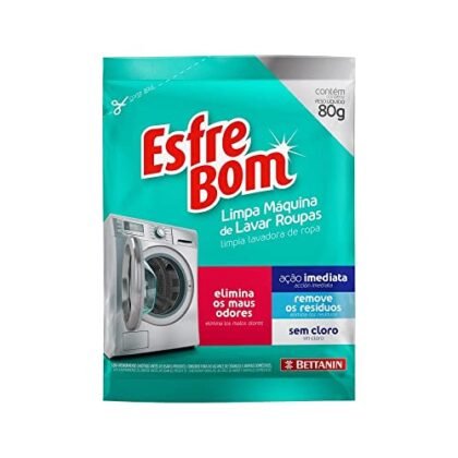 Aqui estão algumas opções de texto ALT, variando em detalhe: * **Opção 1 (simples):** Limpa Máquina EsfreBom para lavar roupas. * **Opção 2 (um pouco mais descritiva):** Embalagem do Limpa Máquina EsfreBom, sachê de 80g. * **Opção 3 (mais detalhada, se relevante para o contexto):** Foto da embalagem do Limpa Máquina EsfreBom da Bettanin, um sachê de 80g para limpeza de máquinas de lavar roupas. A melhor opção dependerá do contexto da imagem e do que você quer destacar. Se a imagem é simplesmente para identificar o produto, a opção 1 ou 2 são suficientes. Se a imagem está sendo usada para mostrar especificamente o produto em detalhe ou comparar com outros, a opção 3 pode ser melhor.