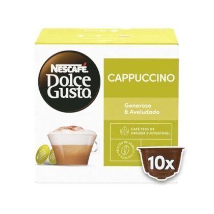 Aqui estão algumas opções de texto ALT, variando em detalhe: **Opção 1 (Simples e direta):** `Cappuccino Dolce Gusto` **Opção 2 (Mais descritiva):** `Cápsulas de Cappuccino Dolce Gusto` **Opção 3 (Incluindo a marca):** `Cápsulas de Cappuccino Nescafé Dolce Gusto` **Opção 4 (Descrevendo o produto):** `Cappuccino Dolce Gusto em Cápsulas para Máquinas de Café` **Opção 5 (Focando no uso):** `Preparo fácil de Cappuccino com Cápsulas Dolce Gusto` **Qual escolher?** A melhor opção depende do contexto da imagem e do site. Se o site já menciona a marca Nescafé Dolce Gusto em outras partes, uma opção mais curta como `Cappuccino Dolce Gusto` ou `Cápsulas de Cappuccino Dolce Gusto` pode ser suficiente. Se a imagem é a única referência ao produto, uma descrição mais completa como `Cápsulas de Cappuccino Nescafé Dolce Gusto` é preferível. Recomendo a **Opção 3: `Cápsulas de Cappuccino Nescafé Dolce Gusto`** como um bom equilíbrio entre brevidade e informação.