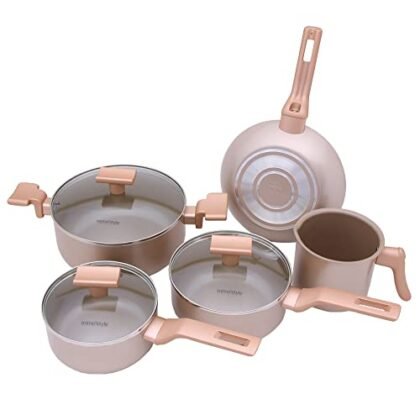Aqui estão algumas opções de texto ALT, priorizando diferentes aspectos: **Opção 1 (Simples e Direta):** `Panelas Cerâmica Mimo Style Champanhe: Conjunto de 5 panelas com revestimento cerâmico e tampas de vidro.` **Opção 2 (Com mais detalhes visuais):** `Conjunto de Panelas Cerâmica Champanhe Mimo Style com estrutura em alumínio, base com alto relevo e alças soft-touch.` **Opção 3 (Focando na funcionalidade):** `Panelas Cerâmica compatíveis com fogão a gás, elétrico e vitrocerâmico, Conjunto Mimo Style na cor champanhe.` **Opção 4 (Para SEO, se relevante):** `Panelas Cerâmica Mimo Style Champanhe: Conjunto completo para cozinhar com elegância e praticidade.` **Qual opção escolher?** * **Simples e Direta:** Se o contexto da imagem já é bem claro. * **Mais detalhes visuais:** Se você quer dar mais informações sobre a aparência das panelas. * **Funcionalidade:** Se o foco é destacar a versatilidade das panelas. * **SEO:** Se você quer incluir palavras-chave relevantes para otimização de busca. A escolha depende do contexto da sua página e do que você quer enfatizar. Recomendo a **Opção 2** ou a **Opção 3** porque combinam descrição visual com funcionalidade.