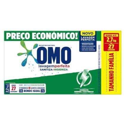 Aqui estão algumas opções de texto ALT para a imagem, considerando diferentes focos: **Opção 1 (Foco na marca e no benefício principal):** `OMO Sanitiza: OMO Lavagem Perfeita Sanitiza & Higieniza 2.2Kg` **Opção 2 (Foco nos benefícios de limpeza e higiene):** `OMO Sanitiza: Detergente em pó para lavagem perfeita, sanitiza e higieniza suas roupas. OMO Lavagem Perfeita Sanitiza & Higieniza 2.2Kg` **Opção 3 (Mais descritiva, para acessibilidade):** `Embalagem de 2.2Kg do detergente em pó OMO Lavagem Perfeita Sanitiza & Higieniza. Roupas limpas, higienizadas e protegidas com OMO Sanitiza.` **Qual escolher?** A melhor opção depende do contexto da imagem. Se a imagem está em uma página de produto onde já se sabe que é OMO, a Opção 2 ou 3 podem ser melhores. Se a imagem é usada fora desse contexto, a Opção 1 pode ser mais eficaz para reforçar a marca. Lembre-se que o objetivo do texto ALT é descrever a imagem para pessoas que não podem vê-la, então escolha a opção que melhor cumpre esse propósito.