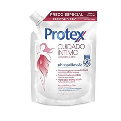 Aqui estão algumas opções de texto ALT, variando em detalhe e foco: **Opção 1 (Mais simples):** `Protex Íntimo Delicate Care Refil` **Opção 2 (Um pouco mais descritiva):** `Protex Íntimo, sabonete líquido para higiene íntima, versão refil.` **Opção 3 (Focando no cuidado):** `Protex Íntimo Delicate Care para uma higiene suave e proteção da região íntima.` **Opção 4 (Mais completa):** `Refil de Sabonete Líquido Íntimo Protex Íntimo Delicate Care, embalagem de 140ml.` A melhor opção depende do contexto da imagem e do que você quer enfatizar. Se a imagem é apenas o refil, a opção 4 é a mais completa. Se a imagem faz parte de um anúncio sobre o cuidado íntimo, a opção 3 pode ser mais eficaz.