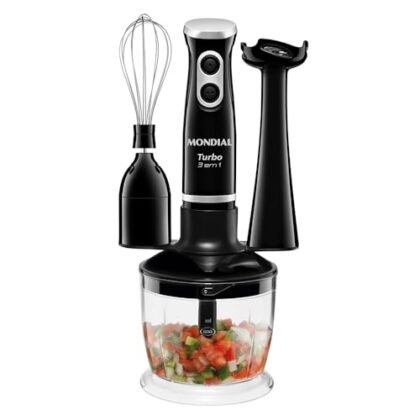 Aqui estão algumas opções de texto ALT para a imagem, considerando diferentes focos: **Opção 1 (Simples e descritiva):** `Mixer Mondial 3 em 1` **Opção 2 (Com mais contexto):** `Mixer Mondial 3 em 1, modelo turbo, cor preta.` **Opção 3 (Focando na funcionalidade):** `Mixer Mondial 3 em 1 para diversas preparações na cozinha.` **Opção 4 (Considerando acessibilidade):** `Imagem de um Mixer Mondial 3 em 1, identificável pelo design característico da Mondial.` A escolha ideal depende do contexto da sua página e do que você quer enfatizar. Se a página já menciona as características do produto, a opção 1 pode ser suficiente. Se você quer dar um pouco mais de informação sem ser redundante, a opção 2 é boa.