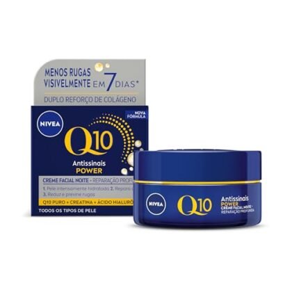 Aqui estão algumas opções de texto ALT para a imagem, considerando diferentes níveis de detalhe e foco: **Opção 1: Mais simples e direta:** `NIVEA Q10 Noite` **Opção 2: Adicionando contexto básico:** `Creme facial NIVEA Q10 Noite` **Opção 3: Destacando o benefício principal:** `NIVEA Q10 Noite: Creme facial antirrugas para uso noturno` **Opção 4: Mais descritiva (se a imagem mostrar a embalagem):** `Pote do creme facial NIVEA Q10 Noite` **Qual escolher?** A escolha depende do contexto da imagem e do seu objetivo. Se o texto ALT é apenas para fins de acessibilidade, a opção mais simples (Opção 1 ou 2) pode ser suficiente. Se você quer reforçar um benefício específico ou dar mais detalhes sobre o produto, as opções 3 e 4 podem ser mais adequadas.