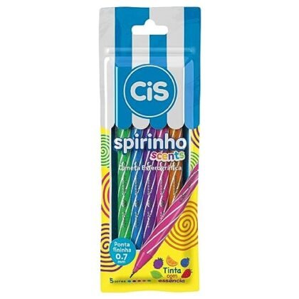 Aqui estão algumas opções de texto ALT, variando em descritividade: **Opção 1 (Simples):** `Caneta Perfumada` **Opção 2 (Um pouco mais descritiva):** `Canetas Perfumadas coloridas em um estojo.` **Opção 3 (Mais detalhada, útil se o contexto precisar):** `Estojo com cinco canetas esferográficas CIS Spirinho Scents, cada uma com uma cor e aroma diferente. Caneta Perfumada.` **Opção 4 (Foco no aroma - se relevante para a página):** `Caneta Perfumada: Estojo com canetas coloridas e aromáticas da CIS Spirinho Scents.` A melhor escolha depende do contexto da imagem e da página em que ela está inserida. Se a página fala especificamente sobre a linha CIS Spirinho Scents, a Opção 3 ou 4 são as melhores. Se a página apenas lista produtos variados, a Opção 2 pode ser suficiente. A Opção 1 é boa se o contexto já torna óbvio que se trata de canetas.