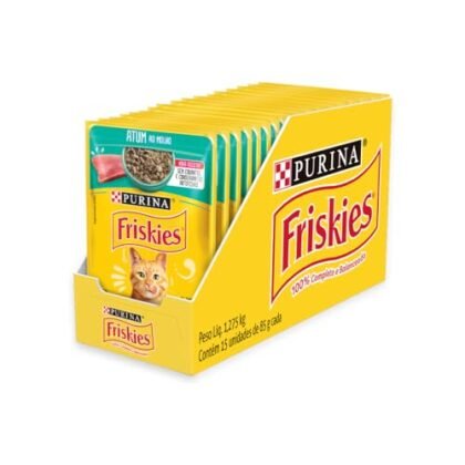 Aqui estão algumas opções de texto ALT para a imagem, usando "Friskies Atum Gatos", variando em descrição: **Opção 1 (Simples):** `Friskies Atum Gatos` **Opção 2 (Um pouco mais descritiva):** `Sachês Friskies Atum Gatos ao molho` **Opção 3 (Mais informativa, caso seja relevante):** `Embalagem com 15 sachês de Friskies Atum Gatos para gatos adultos` **Justificativa da escolha:** A melhor opção dependerá do contexto da imagem e da página onde ela está inserida. Se o objetivo é apenas identificar o produto, a opção 1 é suficiente. Se você precisa especificar que é um sachê ou o sabor, as outras opções são melhores. Se a imagem mostrar claramente a embalagem com vários sachês, a opção 3 pode ser mais útil para usuários com deficiência visual que usam leitores de tela.