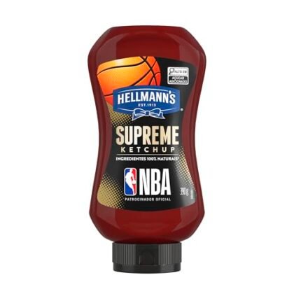 Aqui estão algumas opções de texto ALT, variando em detalhe: * **Opção 1 (Simples):** Ketchup Supreme * **Opção 2 (Mais descritiva):** Frasco de Ketchup Supreme Hellmann's, 390g. * **Opção 3 (Com foco na marca):** Ketchup Supreme da Hellmann's. A melhor opção depende do contexto da imagem e da sua estratégia de SEO. Se a imagem já está cercada de texto com a marca Hellmann's, a opção 1 pode ser suficiente. Se você quer reforçar a marca, a opção 3 é melhor. A opção 2 é um bom meio-termo.