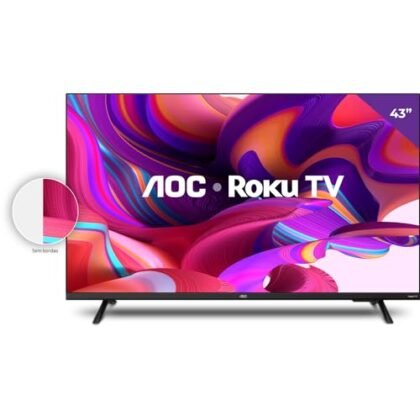 Aqui estão algumas opções de texto ALT, variando em nível de detalhe: * **Opção 1 (Curta e direta):** Smart TV AOC 43 polegadas * **Opção 2 (Um pouco mais descritiva):** Smart TV AOC 43" * **Opção 3 (Destacando uma característica):** Smart TV AOC 43" com design sem bordas.