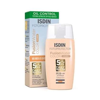 Aqui estão algumas opções de texto ALT para a imagem, considerando a descrição do produto: **Opção 1 (Mais direta):** `Protetor Solar Facial Color FPS50 ISDIN Fusion Water 5 Stars Cor Clara` **Opção 2 (Um pouco mais descritiva):** `Protetor Solar Facial Color FPS50 de Cor Clara para Proteção Solar Diária` **Opção 3 (Focada no benefício):** `Protetor Solar Facial Color FPS50 para Pele Clara: Proteção e Uniformização do Tom da Pele` **Opção 4 (Considerando a marca):** `Protetor Solar Facial Color FPS50 ISDIN para Uma Pele Protegida e com Tom Uniforme` **Qual escolher?** * Se o espaço for limitado, use a **Opção 1**. * Se quiser ser um pouco mais descritivo, use a **Opção 2** ou **3**. * Se a marca ISDIN for importante para o contexto, use a **Opção 4**. **Dica:** O texto ALT deve ser conciso e descrever o conteúdo da imagem da forma mais clara possível. Pense em como você descreveria a imagem para alguém que não pode vê-la.