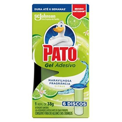Aqui estão algumas opções de texto ALT para a imagem, variando em nível de detalhe: **Opção 1 (Simples e direta):** `Pato Gel Adesivo` **Opção 2 (Um pouco mais descritiva):** `Pato Gel Adesivo para vaso sanitário` **Opção 3 (Considerando o contexto do título):** `Pato Gel Adesivo Citrus para limpeza e perfume do vaso sanitário` **Opção 4 (A mais completa, capturando mais informações):** `Embalagem de Pato Gel Adesivo Citrus com 1 refil contendo 6 discos adesivos para limpeza e perfume do vaso sanitário.` **Qual escolher?** * Se o contexto da imagem já está claro (por exemplo, a imagem está ao lado do título do produto), a opção 1 ou 2 são suficientes. * Se a imagem está mais isolada, a opção 3 ou 4 podem ser mais úteis, pois fornecem mais contexto. * Se a imagem for para um usuário que usa leitores de tela, a opção 4 é melhor, pois fornece mais informações sobre o produto. Em resumo, escolha a opção que melhor descreve a imagem e fornece informações úteis para o usuário, sem ser excessivamente longa.