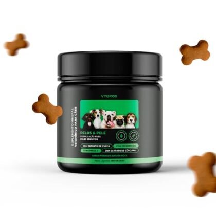 Aqui estão algumas opções de texto ALT para a imagem do produto "Vygrox Cães", com diferentes níveis de detalhe: **Opção 1 (Mais curta e direta):** `Vygrox Cães: Suplemento vitamínico para pelos e pele saudáveis.` **Opção 2 (Um pouco mais detalhada):** `Vygrox Cães: Suplemento com sabor frango e batata doce para a saúde da pele e do pelo do seu cão.` **Opção 3 (Inclui alguns dos principais benefícios):** `Vygrox Cães: Suplemento vitamínico com ômega 3, extrato de cúrcuma e yucca para um pelo brilhante e uma pele saudável do seu cão.` **Opção 4 (Foco no sabor):** `Vygrox Cães: Suplemento saboroso de frango e batata doce que seu cão vai adorar, promovendo a saúde da pele e do pelo.` **Qual escolher?** * Se o espaço for limitado, use a opção 1 ou 2. * Se você quiser destacar os benefícios, use a opção 3. * Se você quiser enfatizar que o suplemento é palatável para cães, use a opção 4. Lembre-se que o texto ALT deve ser conciso e descritivo, transmitindo a informação essencial da imagem para usuários com deficiência visual ou quando a imagem não carrega corretamente.