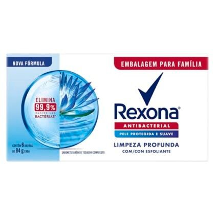 Aqui estão algumas opções de texto ALT, variando em descrição e foco: * **Opção 1 (Simples e direta):** Rexona Limpeza Profunda sabonete em barra. * **Opção 2 (Mais descritiva):** Rexona Limpeza Profunda: seis barras de sabonete para limpeza profunda da pele. * **Opção 3 (Focada na marca e produto):** Rexona Limpeza Profunda: sabonete em barra para uma sensação de frescor e limpeza.