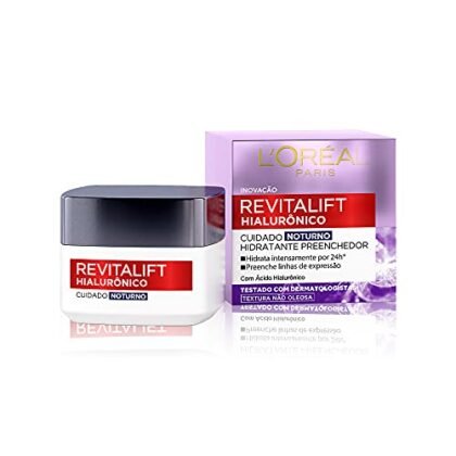 Aqui estão algumas opções de texto ALT, com diferentes níveis de detalhe: **Opção 1 (Simples):** `Revitalift Hialurônico Noturno` **Opção 2 (Um pouco mais descritiva):** `Pote de creme facial Revitalift Hialurônico Noturno da L'Oréal Paris.` **Opção 3 (Com foco no uso):** `Creme noturno Revitalift Hialurônico para cuidados anti-idade.` **Opção 4 (Se a imagem mostrar o produto fora da embalagem, pode ser ainda mais específico):** `Textura do creme Revitalift Hialurônico Noturno, da L'Oréal Paris.` **Qual escolher?** Depende do contexto da imagem e do que você quer destacar. Se a imagem for apenas do pote, a opção 2 é boa. Se for para mostrar a textura, a opção 4 é melhor. A opção 1 é a mais simples e serve como um identificador básico. Lembre-se que o texto ALT deve ser conciso e descrever o conteúdo da imagem da forma mais relevante possível para o usuário.
