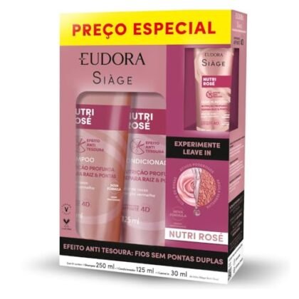 Aqui estão algumas opções de texto ALT para a imagem, usando "Nutri Rose", com diferentes níveis de detalhe: * **Opção mais simples:** Nutri Rose Eudora Siàge. * **Opção mais descritiva:** Promopack Nutri Rose Eudora Siàge para nutrição e reparação dos cabelos. * **Opção com foco nos benefícios:** Linha Nutri Rose Eudora Siàge: cabelos nutridos e saudáveis com o poder da rosa mosqueta. * **Opção com mais informações:** Promopack Eudora Siàge Nutri Rose, incluindo shampoo, condicionador e máscara para tratamento completo dos cabelos.